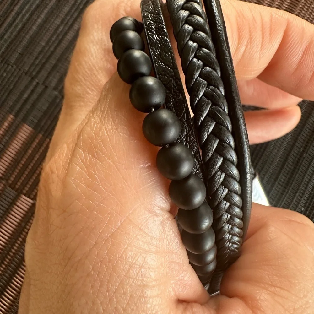 Men’s Multi layer Leather Stainless Steel Bracelet 9”